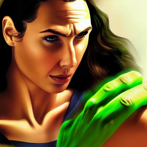 Prompt: Digital painting of Gal Gadot as The Hulk, from The Avengers (2012)