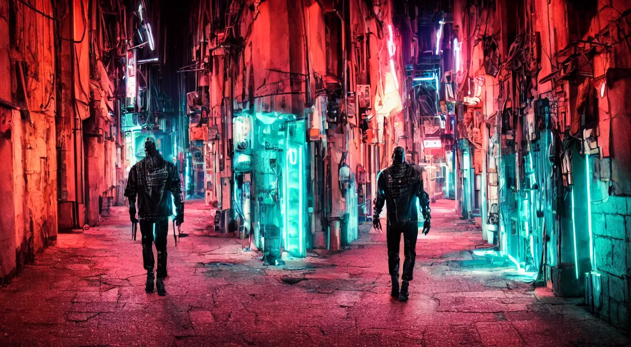 Image similar to a photo of a cyberpunk man walking in a medival village, the photo was taken from the ground looking up at the man's back, the city does not have any glowing lights, it is night time, the man has glowing neon pink and blue lights on his back, ultra high detail.