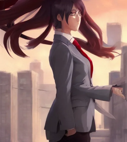 Image similar to a girl in a business, close up, sharp focus, red necktie, grey hair, serious expression, city background, digital painting, by tran ross and jordan grimmer and greg rutkowski, anime art, artstation, hd, smooth,