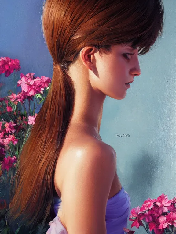 Image similar to an ultradetailed beautiful portrait painting of a cuban girl at a flower shop, side view, oil painting, high resolution, by ilya kuvshinov, greg rutkowski and makoto shinkai