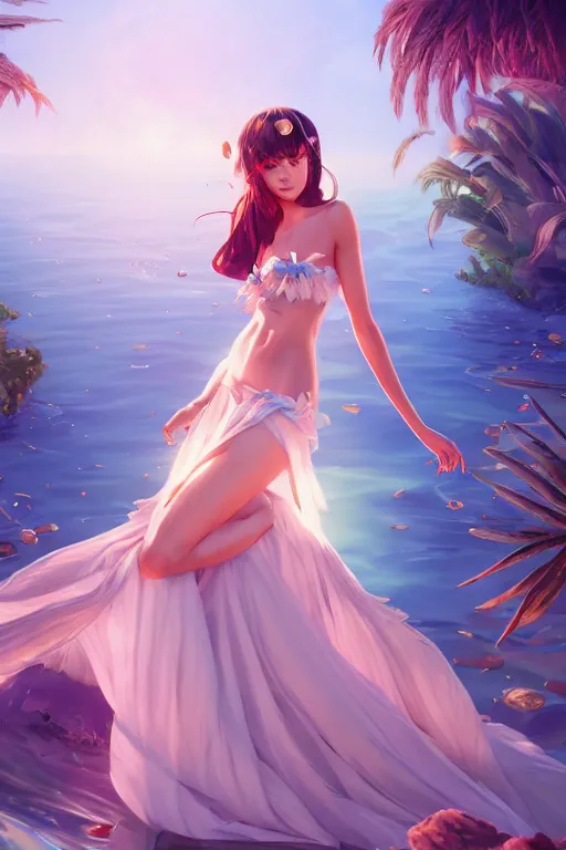 Image similar to a beautiful fashion goddness of love, chic strapless dress, tropical sea background, character design, in the style of artgerm, and wlop, cinematic lighting, hyperdetailed, 8 k realistic, symmetrical, global illumination, radiant light, frostbite 3 engine, cryengine, dof, trending on artstation, digital art