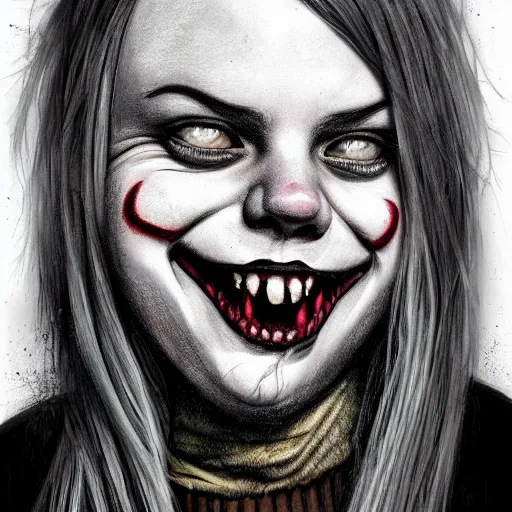 Prompt: surrealism grunge cartoon portrait sketch of billie eilish with a wide smile by - michael karcz, loony toons style, pennywise style, horror theme, detailed, elegant, intricate