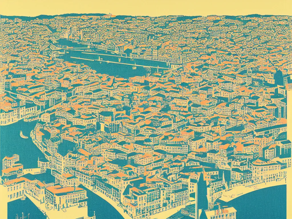 Image similar to Lisbon from a birds eye view, flat design, screen print by Kawase Hasui, jeffrey smith and Yves Klein