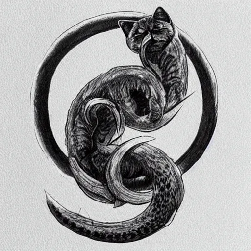 Prompt: one cat biting it's tail, Ouroboros, circle 0f life, tattoo design, designed by Iain McCaig