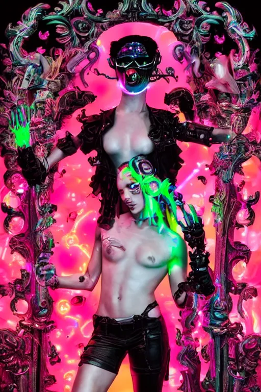 Prompt: full-body rococo and cyberpunk style neon statue of a seductive attractive Spanish android sin ropa in a macho heroic pose, bem dotado, piroca, pecho peludo, ethereal white dripping tar, glowing orange lasers, pink tigers, glowing eyes, silver prince crown, black gears, pink diamonds, swirling mint-colored silk fabric. futuristic elements. full-length view. human skulls. large intricate artwork by caravaggio. trending on cgsociety, trending on artstation, octane render, cinematic lighting from the right, hyper realism, octane render, 8k, depth of field, 3D