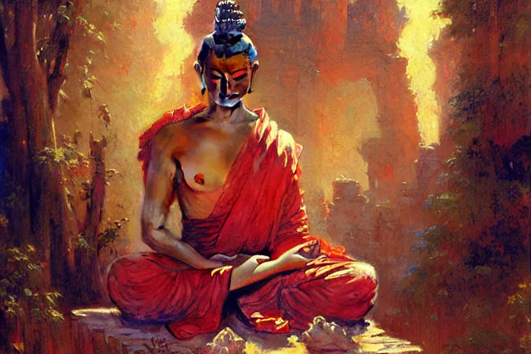 Image similar to buddhism, painting by gaston bussiere, greg rutkowski, jean giraud