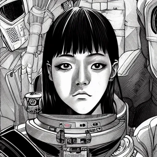 Prompt: a beautiful portrait of a space bounty hunter by Junji Ito trending on Artstation