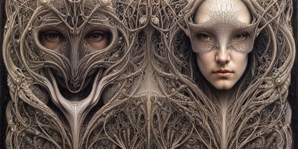 Prompt: detailed realistic beautiful cyborg face portrait by jean delville, gustave dore, iris van herpen and marco mazzoni, art forms of nature by ernst haeckel, art nouveau, symbolist, visionary, gothic, neo - gothic, pre - raphaelite, fractal lace, intricate alien botanicals, ai biodiversity, surreality, hyperdetailed ultrasharp octane render