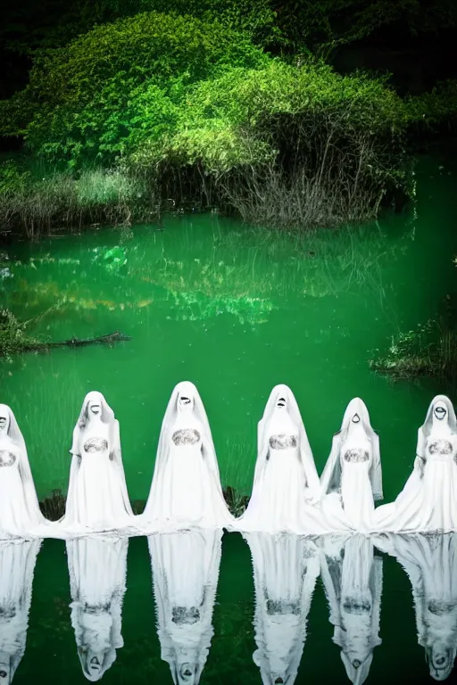 Image similar to 4 ghostly brides standing in a pond, cinematic, horror, photorealistic, vintage, unsettling