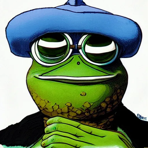 Image similar to pepe the frog by glenn fabry, iridescent - h 6 4 0