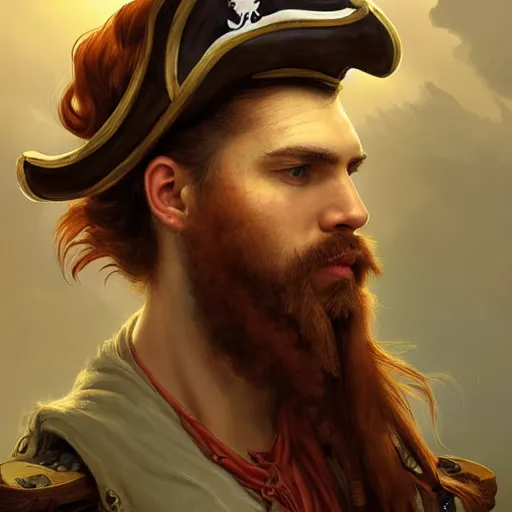 Image similar to portrait of a young pirate captain, male, rugged, masculine, handsome, upper body, red hair, long hair, cheerful, D&D, fantasy, intricate, elegant, highly detailed, digital painting, artstation, concept art, sensual, matte, sharp focus, illustration, art by Artgerm and Greg Rutkowski and Alphonse Mucha