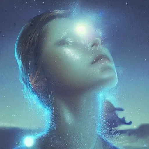 Prompt: sci - fi, close - up, 3 d, moon rays, night, cinematic, fashion model face, clouds, sun rays, vogue cover style, poster art, blue mood, realistic painting, intricate oil painting, high detail illustration, figurative art, multiple exposure, water, 3 d, by tooth wu and wlop and beeple and greg rutkowski