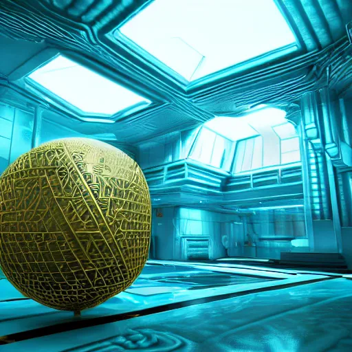 Image similar to abstract intertwining hyper detailed hardsurface modelled 3 d geometry, in the distance is a tarnished gold sphere, depth, wide angle, insanely detailed and intricate,, teal, gold, silver red, paradise hospital environment unreal engine