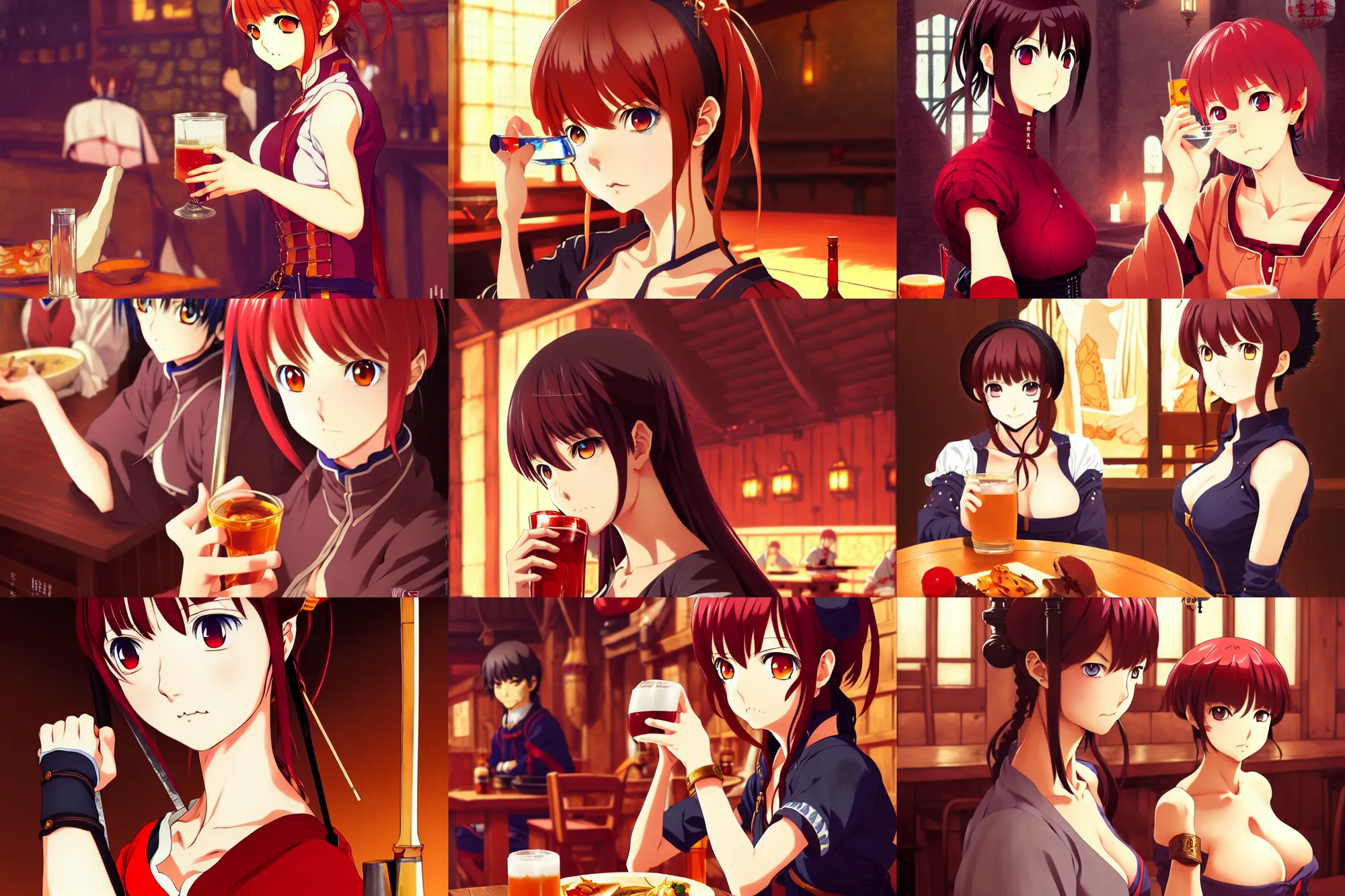 Prompt: anime visual portrait of a female warrior drinking in a busy medieval tavern interior, cute face by ilya kuvshinov, yoh yoshinari, dynamic pose, dynamic perspective, flat, mucha, rounded eyes, moody, psycho pass, kyoani, paprika, anime proportions, masakazu katsura