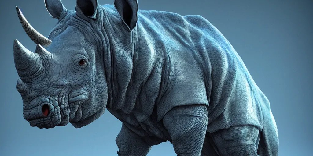 Image similar to hyperrealistic mixed media portrait of a blue Rhinoceros wearing paladin armor, forward angle, stunning 3d render inspired art by P. Craig Russell and Barry Windsor-Smith + perfect facial symmetry + dim volumetric lighting, 8k octane beautifully detailed render, post-processing, extremely hyperdetailed, intricate complexity, epic composition, grim yet sparkling atmosphere, cinematic lighting + masterpiece, trending on artstation