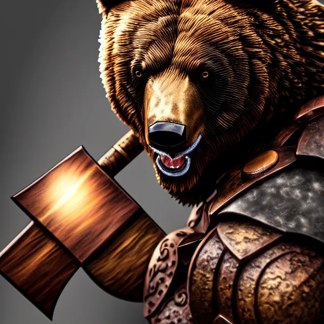 Image similar to bear warrior with a war hammer, artgerm, highly detailed, 8 k, hdr, close up, smooth, sharp focus, high resolution, award - winning photo