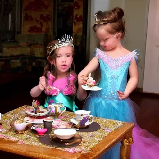 Image similar to A beautiful young little princess and a regal ancient dragon have a tea party