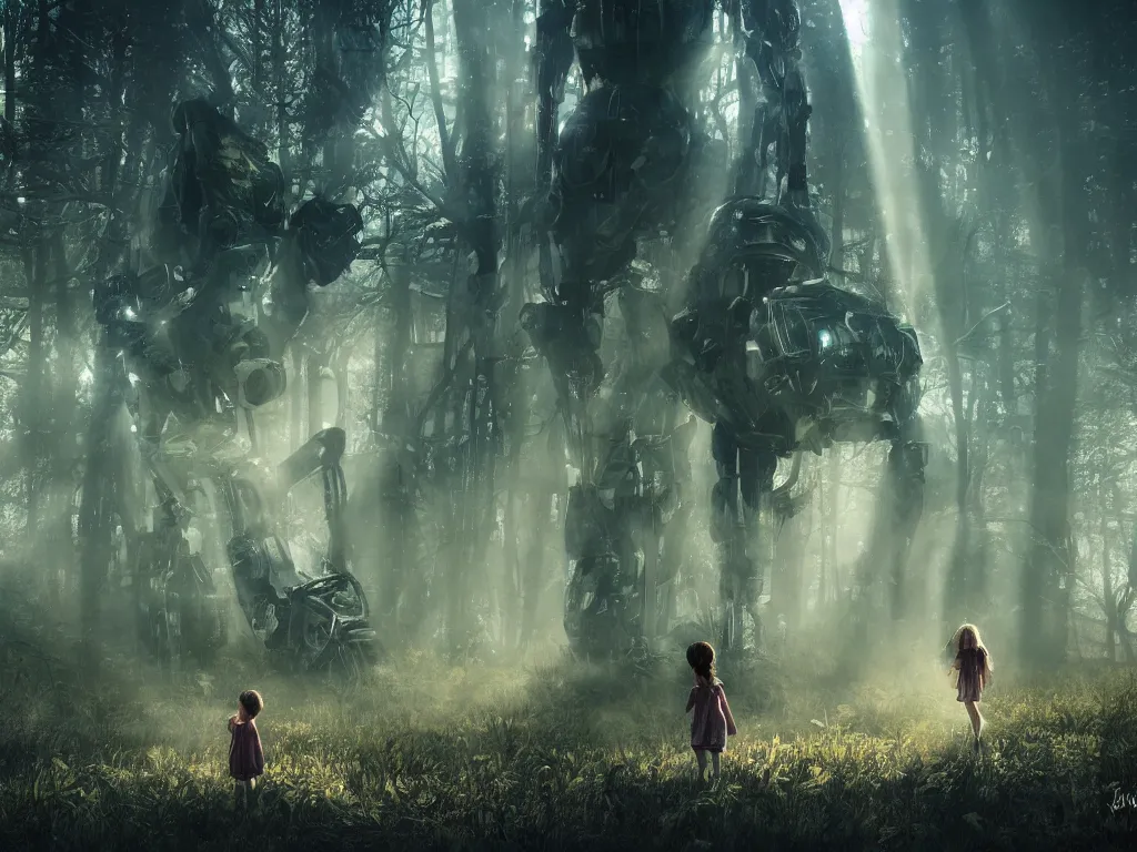 Image similar to the great beyond, sci - fi scene future new york, little girl holding a hand of a big robot, forest punk, crepuscular rays, epic scene, hyper realistic, photo realistic, overgrowth, cinematic atmosphere, ethereal lighting