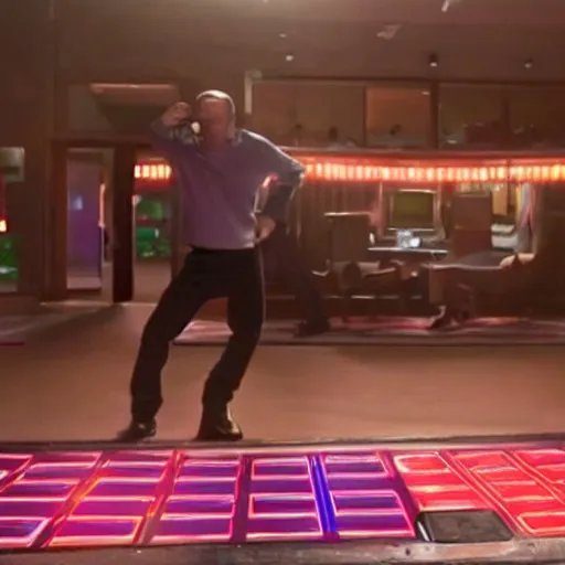 Image similar to movie still of walter white playing dance dance revolution 8k