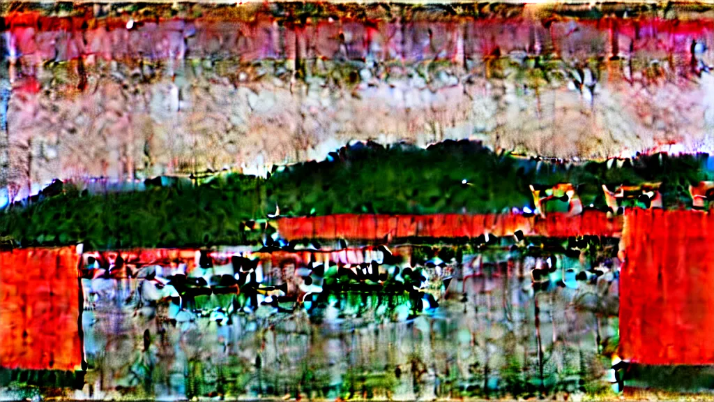 Image similar to a chinese prison near a river by peter doig, muted colors