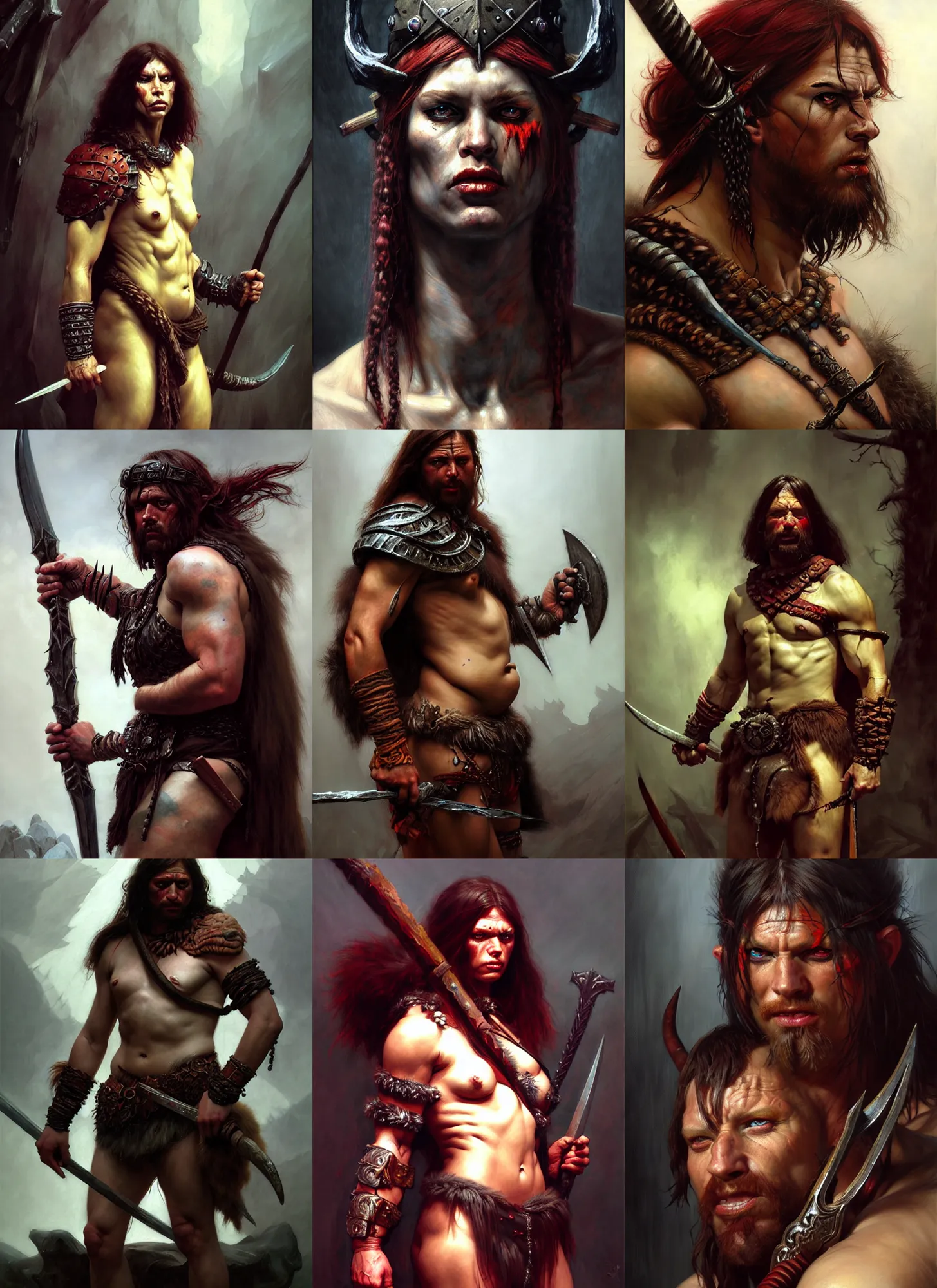 Image similar to barbarian, savage, full body, hyper realistic, extremely detailed, dnd character art portrait, dark fantasy art, intricate fantasy painting, dramatic lighting, vivid colors, deviant art, artstation, by edgar maxence and caravaggio and michael whelan and delacroix.