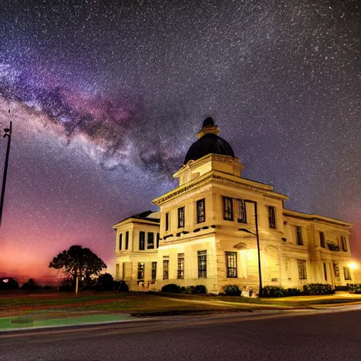 Prompt: courthouse on fire at night with the milky way in the sky, award winning photo, 8k hyperrealistic