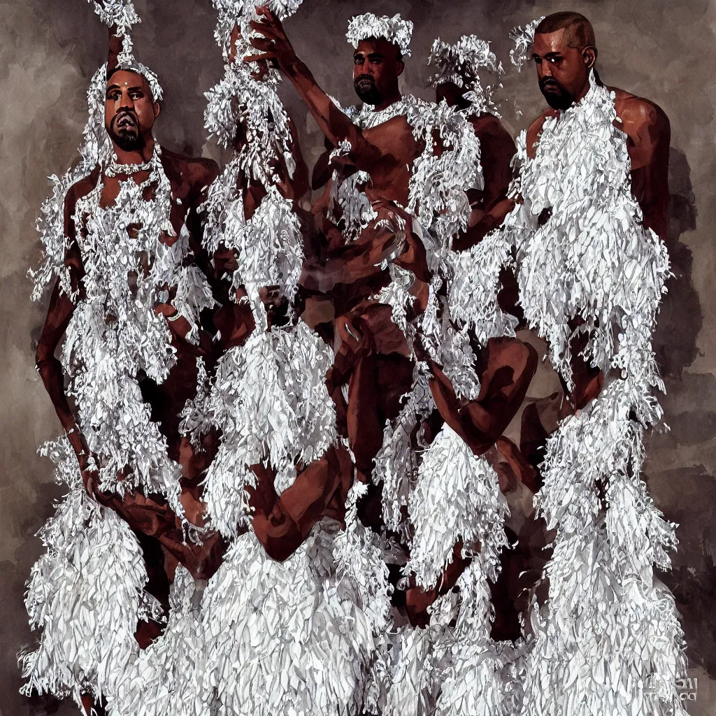 Prompt: kanye west _ with _ a _ decorated _ dress _ made _ of _ white _ pearls _ and _ white _ plumes _ of _ swan _ highly _ detailed _ digital _ painting