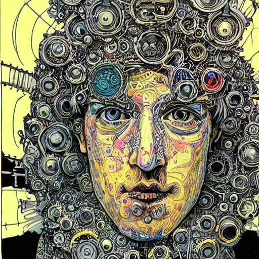 Image similar to the inner self of mark zuckerberg, clockwork engine, psychedelic, lsd, spiritual, mystical, epic beautifully detailed pen, ink and copic markers drawing by milo manara