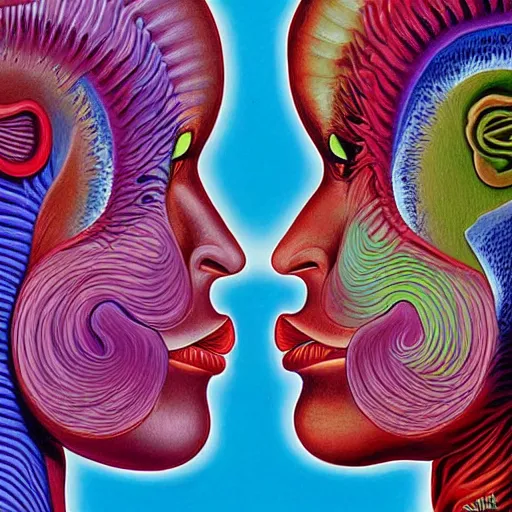 Image similar to emotive painting by alex grey of two bizarre femme creatures kissing each other closeup. they have strange appendages. they are in a psychedelic landscape. speculative evolution, exobiology, golden ratio