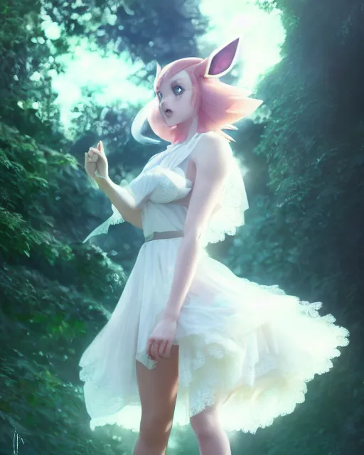 Image similar to photo of eevee pokemon humanisation, in lace short white dress, film still, dslr, by greg rutkowski, gil elvgren, enoch bolles, ross tran, artgerm, wlop, glossy skin, pearlescent, very coherent