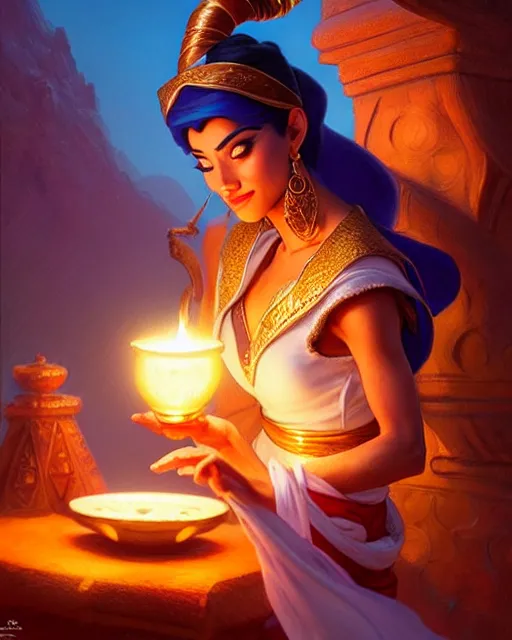 Image similar to Aladdin rubbing a magic lamp, genie emerges from the lamp, deep focus, D&D, fantasy, intricate, elegant, highly detailed, digital painting, artstation, concept art, matte, sharp focus, illustration, hearthstone, art by Artgerm and Greg Rutkowski and Alphonse Mucha