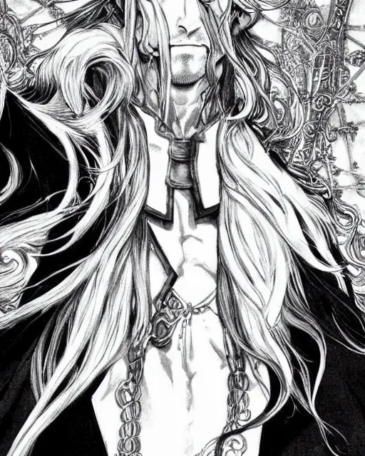 Image similar to portrait of alucard from castlevania, elegant, beautiful, mesmerizing, concept art, inspired by otoyomegatari manga, fancy clothing, highly detailed, artstation, behance, deviantart, trending, kaoru mori