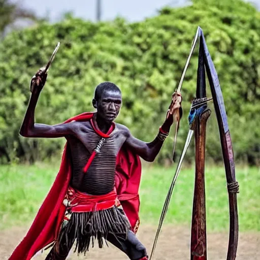 Image similar to a masai warrior with an ironing board for a shield