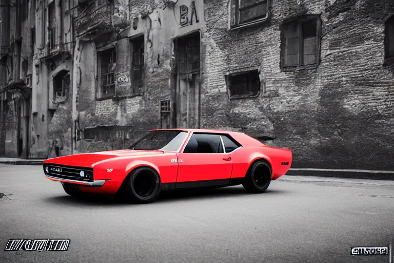 Image similar to audi camaro b 1 ( 1 9 6 9 ) drifting, need for speed : carbon, neon lines, lviv historic centre, ultra phonk, phonk music background, smoke behind wheels, noise, dark, establishing shot