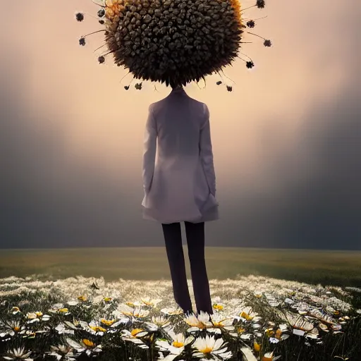 Image similar to giant white daisy flower head, frontal, girl in a suit, standing in street, surreal photography, sunrise, dramatic light, impressionist painting, digital painting, artstation, simon stalenhag