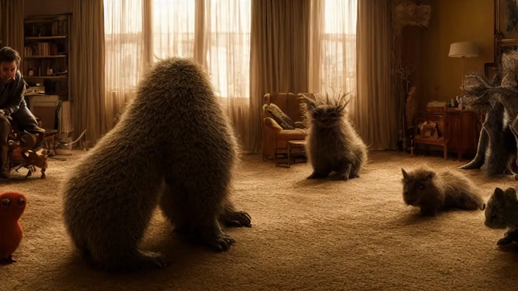 Prompt: a strange creatures climb into our living room, film still from the movie directed by Denis Villeneuve with art direction by Arthur Adams, wide lens