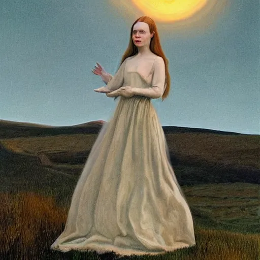 Prompt: Elle Fanning in the painted world of Portrait of a Lady on Fire, head and shoulders masterpiece, apocalypse, golden hour, cosmic horror, artstation, in the style of Andrew Wyeth and Edward Hopper and Bosch, extremely detailed