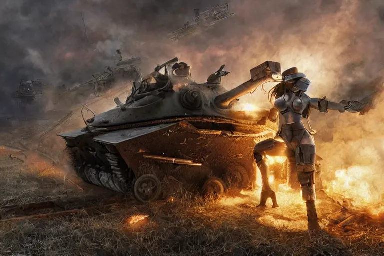Prompt: an epic view of a cyborg woman tipping over a wwi tank, on a battlefield, smoke, fires, distant explosions, in the style of masamune shirow, cinematic, hyper - realistic, highly detailed digital art