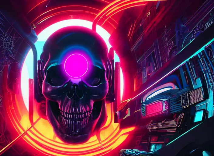 Image similar to a futuristic skull with glowing eyes and a wormhole tunnel, cyberpunk art by dan mumford, behance contest winner, computer art, darksynth, synthwave, rendered in cinema 4 d