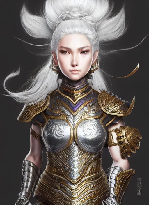 Image similar to warrior, intricate ornate opal heavy armor!!! beautiful and athletic white hair female!! gorgeous face and eyes!! character concept art, sharp focus, octane render! unreal engine 5! highly rendered!! trending on artstation!! detailed linework!! illustration by artgerm, wlop, and chie yoshii