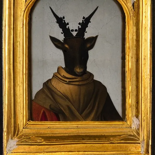 Prompt: renaissance style portrait of an alpine chamois wearing a crown and a cape, dark background