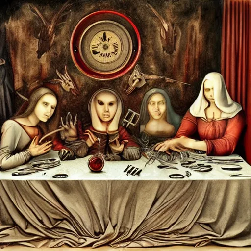 Prompt: last dinner da vinci by Rudolf Giger red color, trending on artstation, deviantart, very realistic, 4k