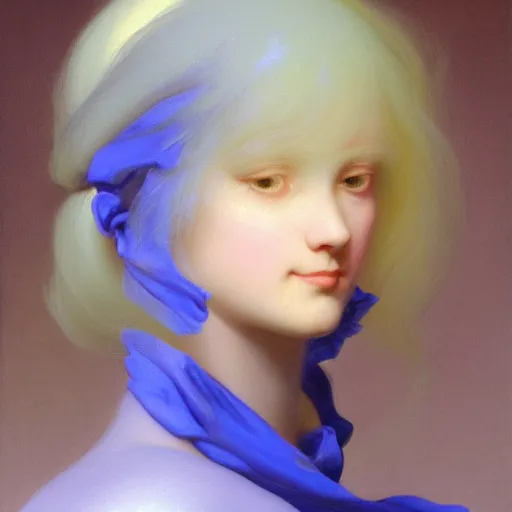 Image similar to a young woman's face, her hair is white and she wears a cobalt blue satin cloak, by ivan aivazovsky and syd mead and moebius and gaston bussiere and roger dean and pieter claesz and paul delaroche and alma tadema and aelbert cuyp and willem claesz, hyperrealistic, volumetric light, octane render