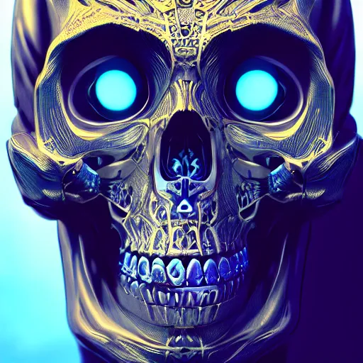 Image similar to hyperdetailed robotic skeleton head with blue human eyes, human eyes, symetry, golden ratio, iconography, intricate, detailed, volumetric lighting, scenery, digital painting, highly detailed, artstation, sharp focus, illustration, artstation, detailed vectorart