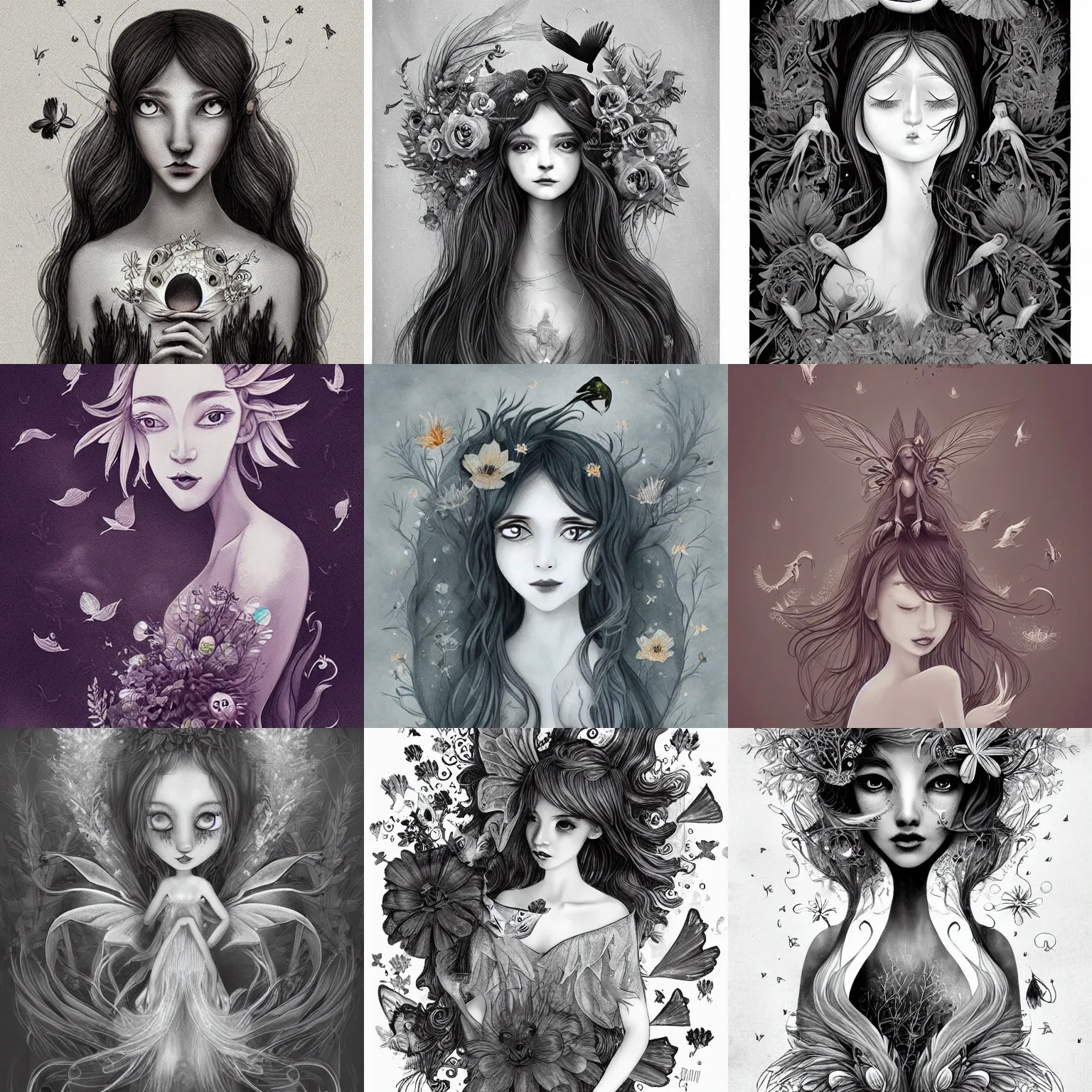 Prompt: magical illustrations of ethereal fantasy creatures, beautiful fairies, mermaids and female portraits with flowers, whimsical big - eyed characters accompanied by animals and birds, greyscale, negative space