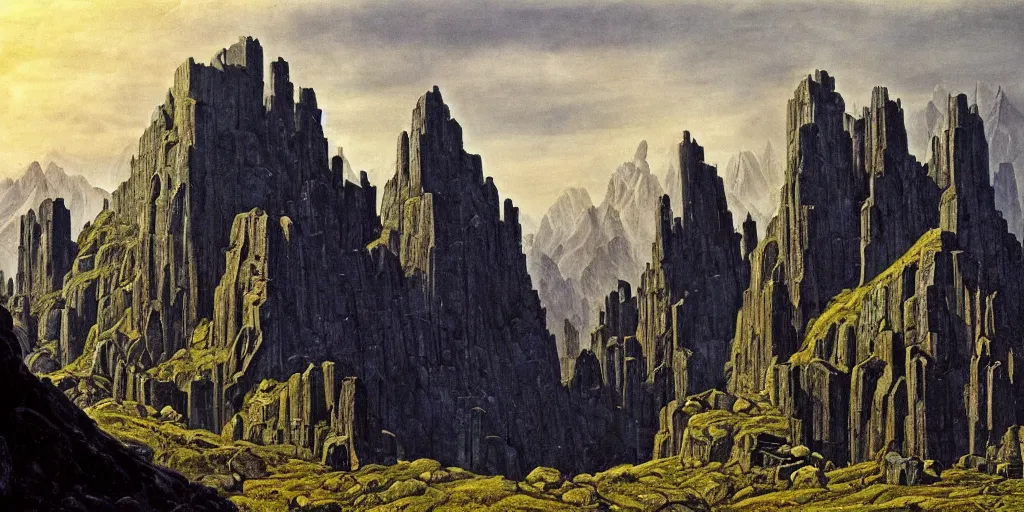 Prompt: The dwarven mountain kingdom | dwarven fortress | Caspar David Friedrich |