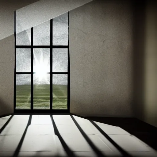 Image similar to sun shines through a window into an empty room, realistic reflection and caustic