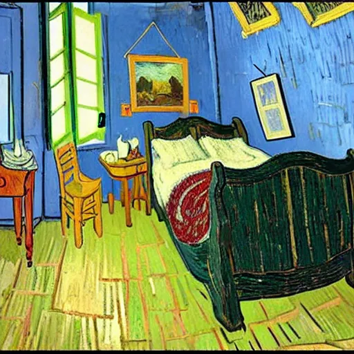 Image similar to a cozy bedroom decorated by van gogh, detailed, high resolution, wow!, intricate