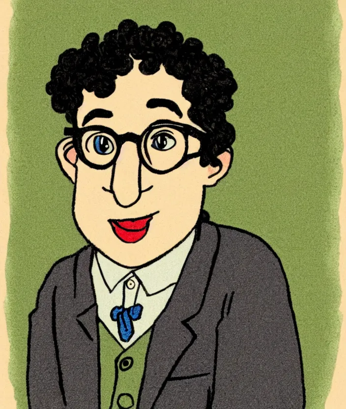 Prompt: jewish young man with glasses, dark short curly hair smiling, illustration in the style of beatrix potter