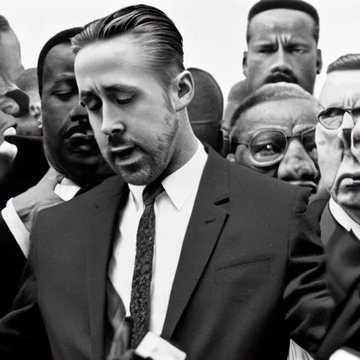 Image similar to a still of ryan gosling playing martin luther king in a biopic surrounded by civil rights leaders, 4 k, film footage, highly detailed, screencap